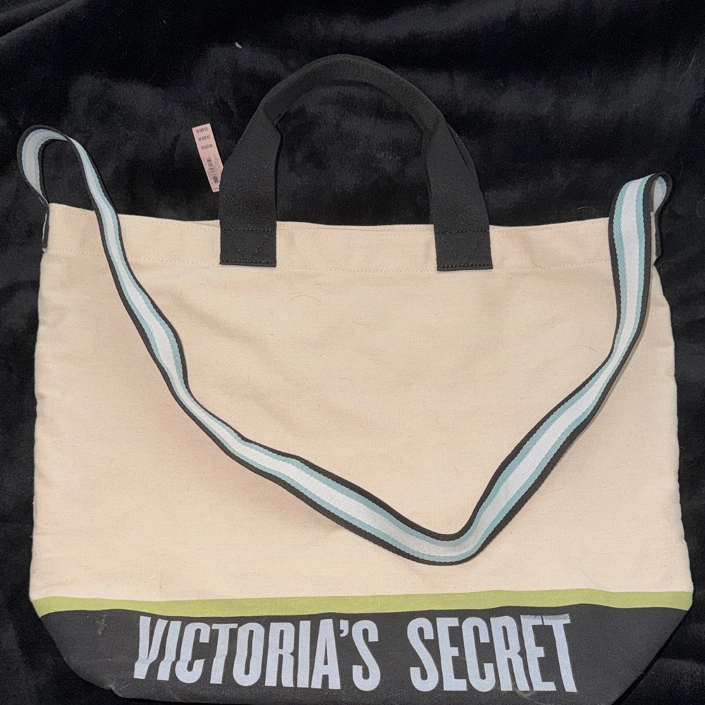 Victoria's Secret Cream Canvas Tote with Black Accents and Blue-Striped Strap